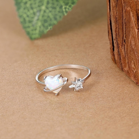 925 Sterling Silver Adjustable Heart Created Opal Ring - Picture 3 of 5